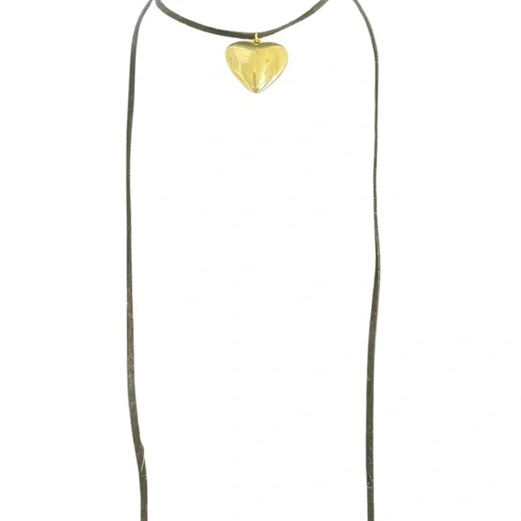 Puffy Gold Heart,Black straps Adjustable Choker Necklace - Picture 2 of 4